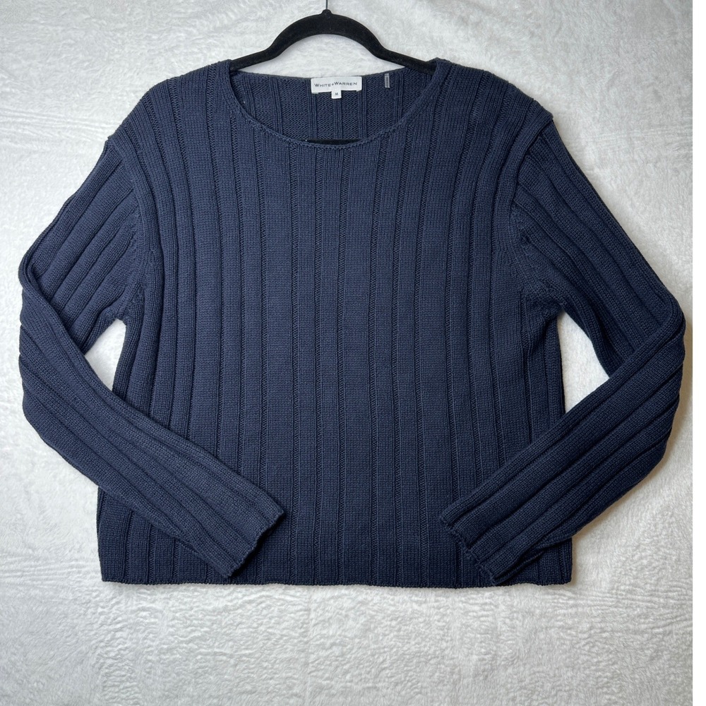 White + Warren Ribbed Sweater Womens M Navy Blue Long Sleeve Knit Pullover